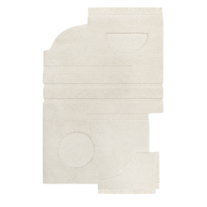 Crèmekleurig rechthoekig vloerkleed met abstract organisch patroon en reliëfvormen.
