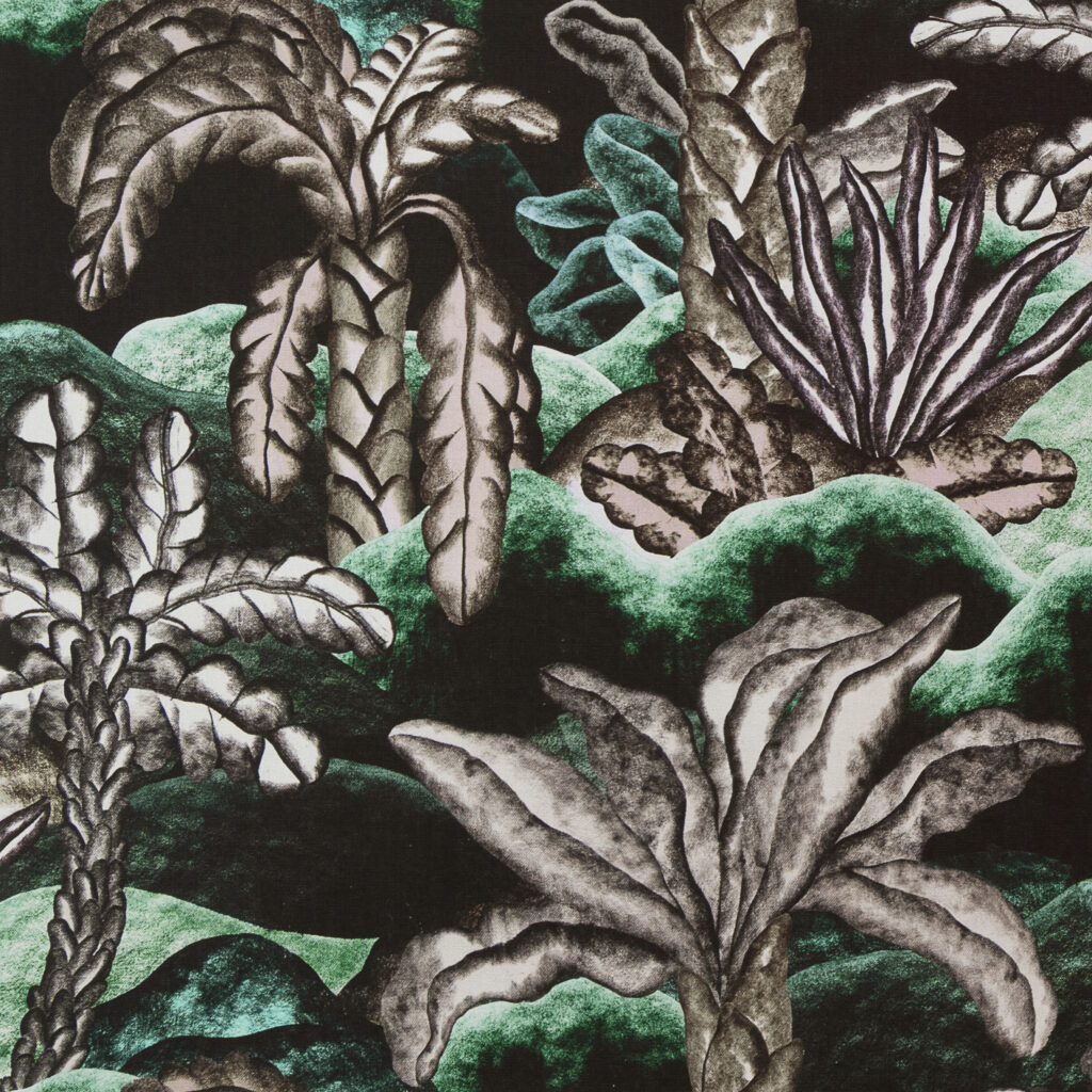 Illustratie van tropische planten en palmbomen in donkere en groene tinten uit het Balata Garden dessin van Arte.