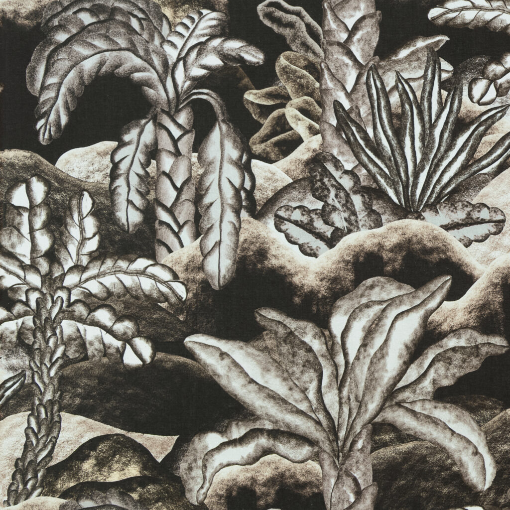 Gedetailleerde tekening van tropische planten in aardetinten uit het Arte Balata Garden ontwerp.