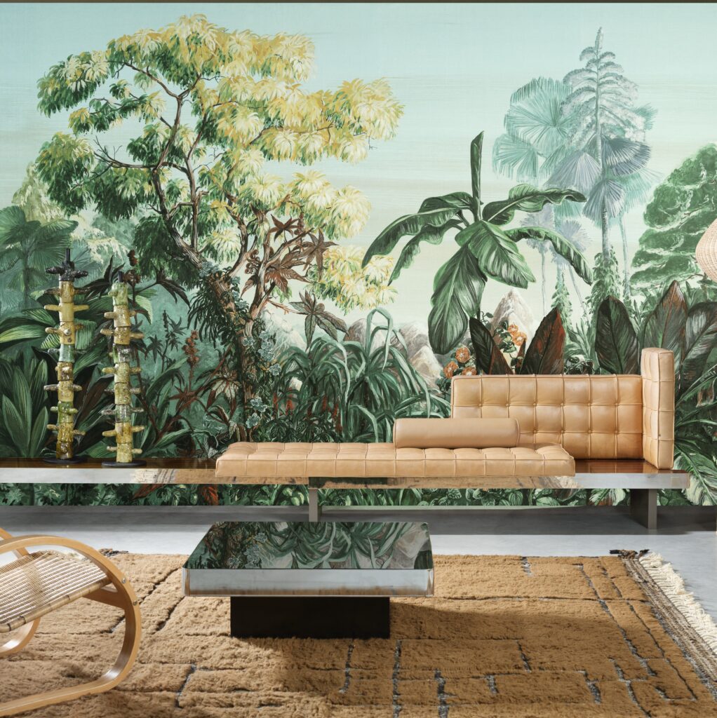 Arte een dromerig tropisch panorama met olieverf-effect, geprint op zacht velours.