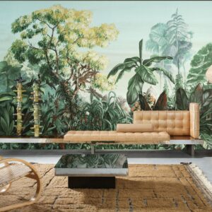 Arte een dromerig tropisch panorama met olieverf-effect, geprint op zacht velours.