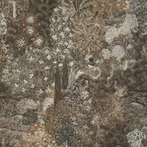 Gedetailleerde wandtapijtillustratie van een weelderig, dromerig bos uit de Arte Foret des Muses-collectie in natuurlijke bruintinten.