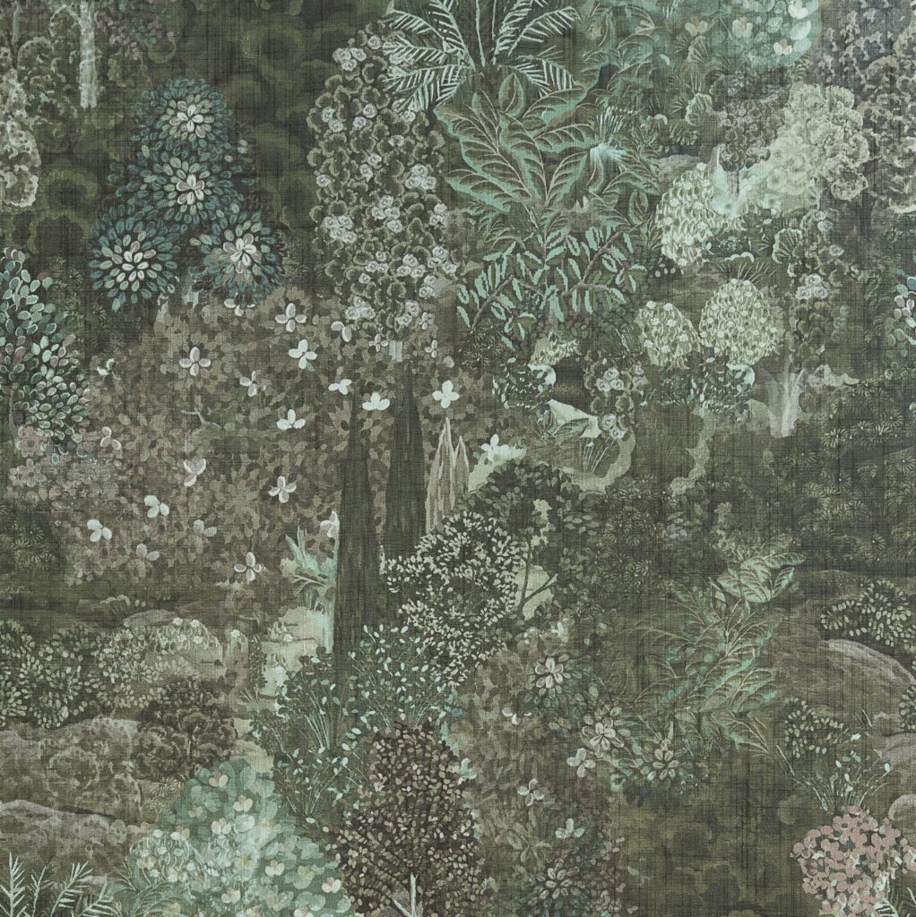 Gedetailleerde illustratie van een weelderig, dromerig boslandschap uit de Arte Foret des Muses collectie.