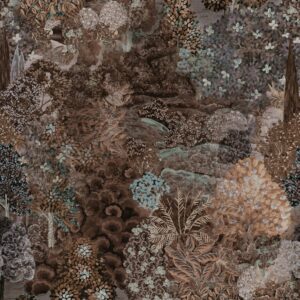 Gedetailleerd patroon van een dichte, bloemrijke fantasiebos uit de Arte collectie Foret des Muses.