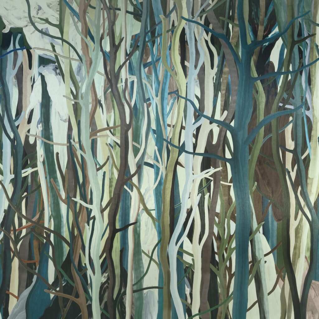 Abstracte afbeelding van dicht opeenstaande mangrovebomen in verschillende aardetinten en blauwtinten.
