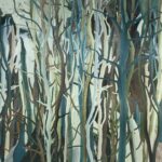 Abstracte afbeelding van dicht opeenstaande mangrovebomen in verschillende aardetinten en blauwtinten.
