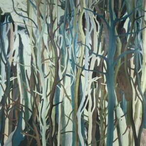 Abstracte afbeelding van dicht opeenstaande mangrovebomen in verschillende aardetinten en blauwtinten.
