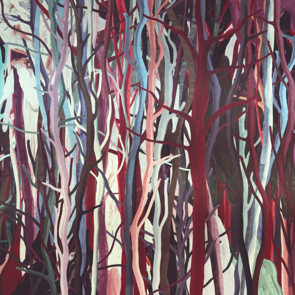 Abstracte illustratie van een dichtbegroeid mangrovebos met kleurrijke, gestileerde boomstammen.