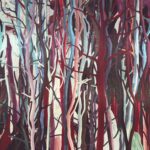 Abstracte illustratie van een dichtbegroeid mangrovebos met kleurrijke, gestileerde boomstammen.