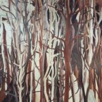Abstracte weergave van mangrovebomen met verweven, veelkleurige stammen en takken.