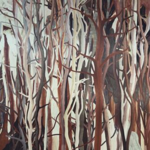 Abstracte weergave van mangrovebomen met verweven, veelkleurige stammen en takken.