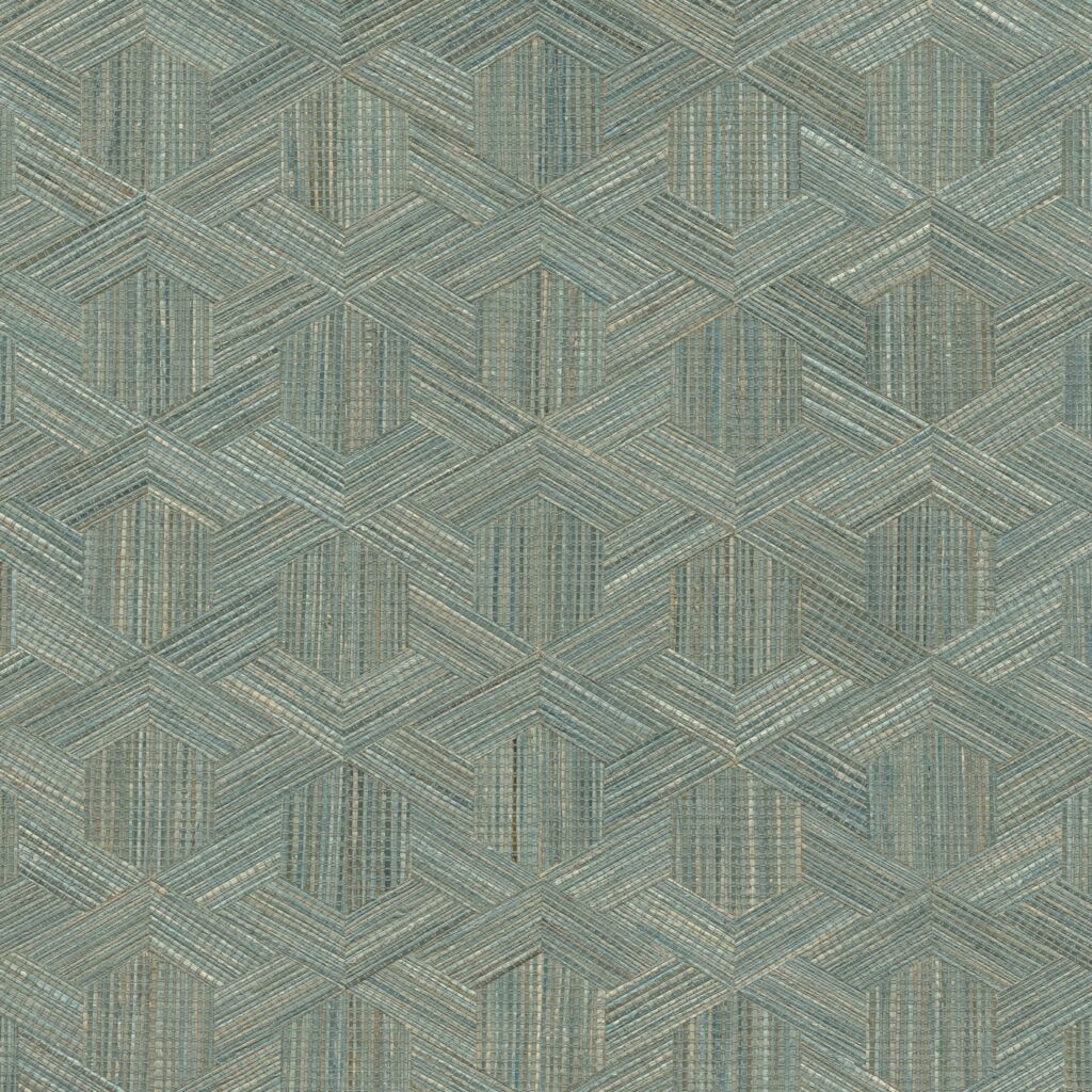 Behangpatroon Arte Reflect 52480 met een geometrisch 3D-effect in blauwtinten en metallic accenten.