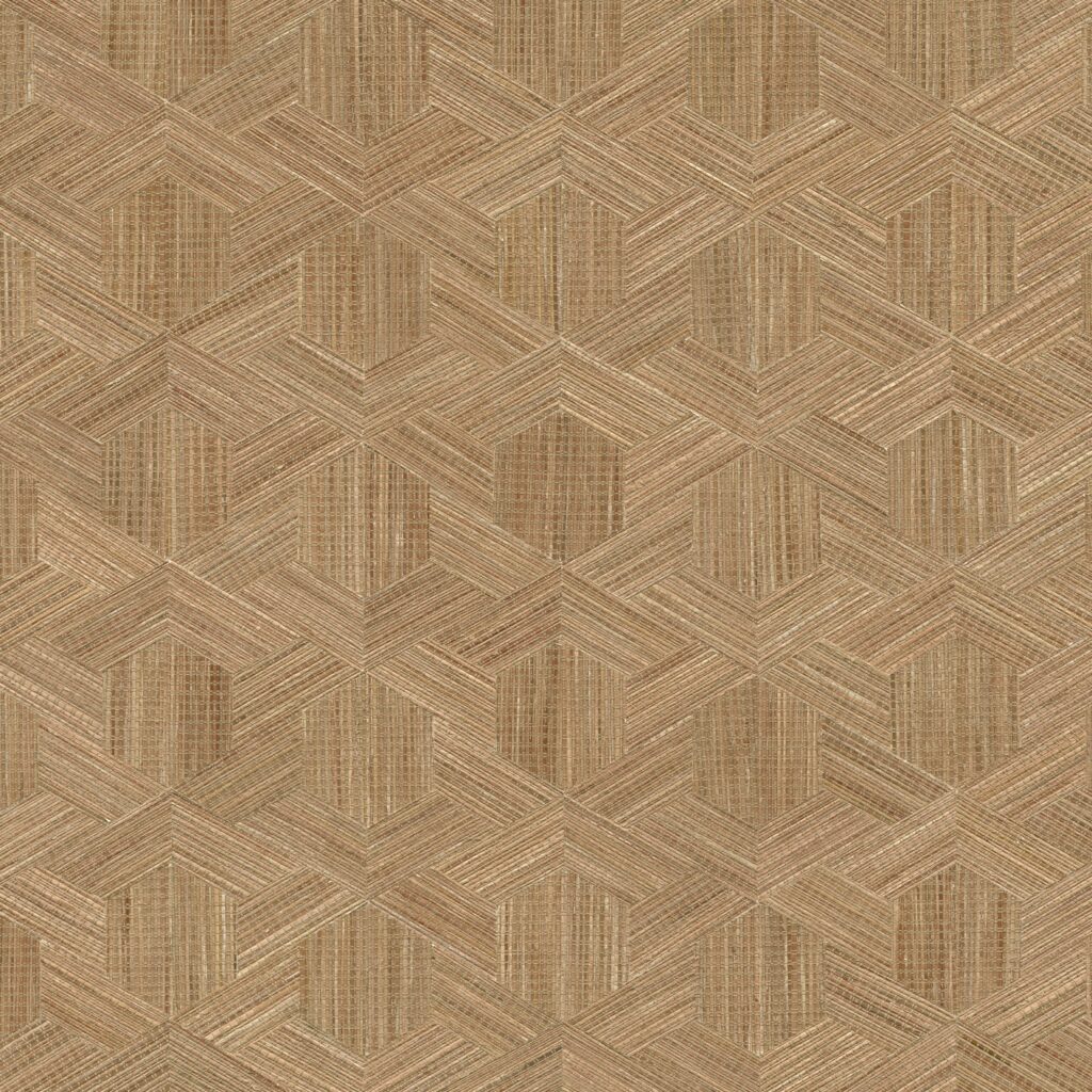 Behangpatroon Arte Reflect 52482 met een geometrisch 3D-effect in natuurlijke bruintinten en linnenstructuur.