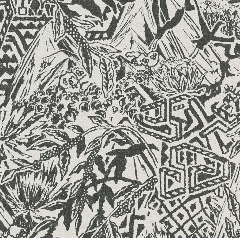 Zwart-wit textielpatroon met berglandschap, planten en geometrische motieven geïnspireerd op de Sierra Nevada.