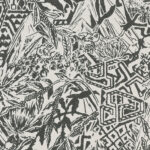 Zwart-wit textielpatroon met berglandschap, planten en geometrische motieven geïnspireerd op de Sierra Nevada.