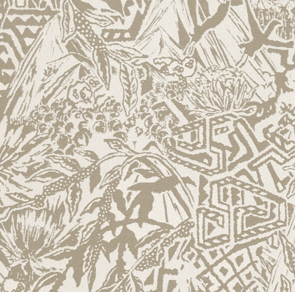 Beige en wit patroonbehang met botanische elementen en abstracte geometrische vormen geïnspireerd op de Sierra Nevada.