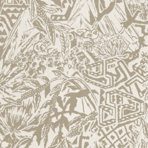 Beige en wit patroonbehang met botanische elementen en abstracte geometrische vormen geïnspireerd op de Sierra Nevada.