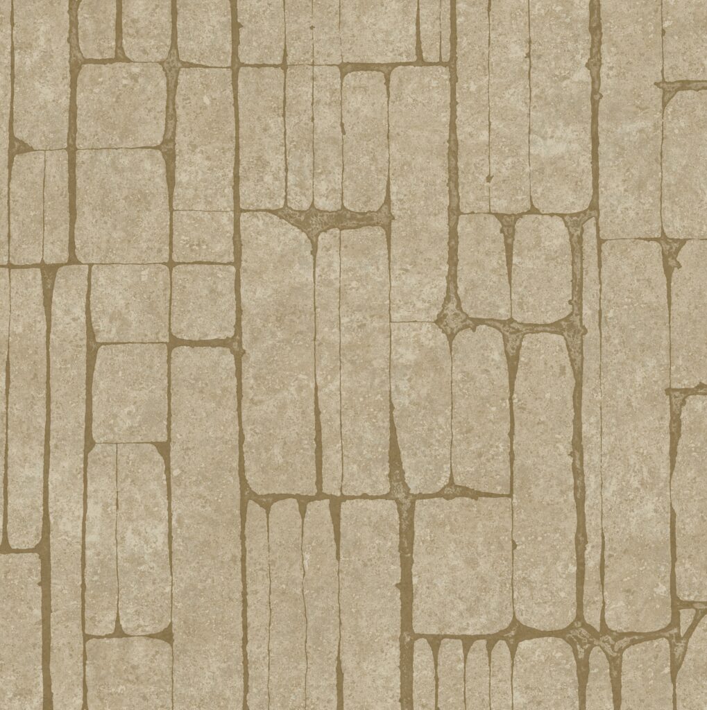 Behang met een patroon van verticale en horizontale beige stenen in een onregelmatige mozaïekstructuur uit de Arte Solco-collectie.