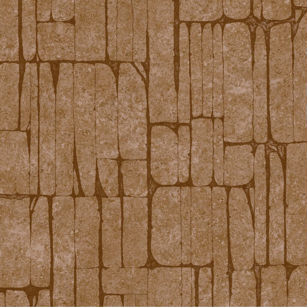 Bruin muurpatroon met organisch gevormde, verticale en horizontale stroken in Arte Solco 30365 Brick stijl.