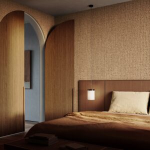 Sfeervolle slaapkamer met Arte Textura Ignis Puna 81549A wandbekleding, houten accenten en warme verlichting.