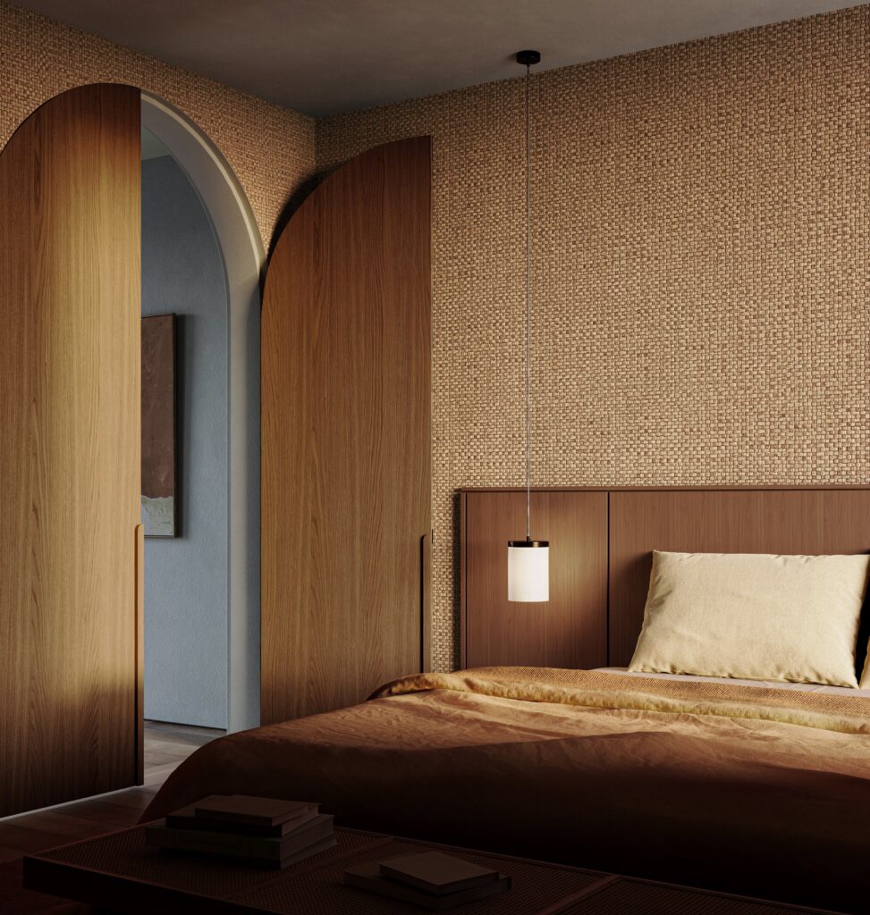 Sfeervolle slaapkamer met Arte Textura Ignis Puna 81549A wandbekleding, houten accenten en warme verlichting.