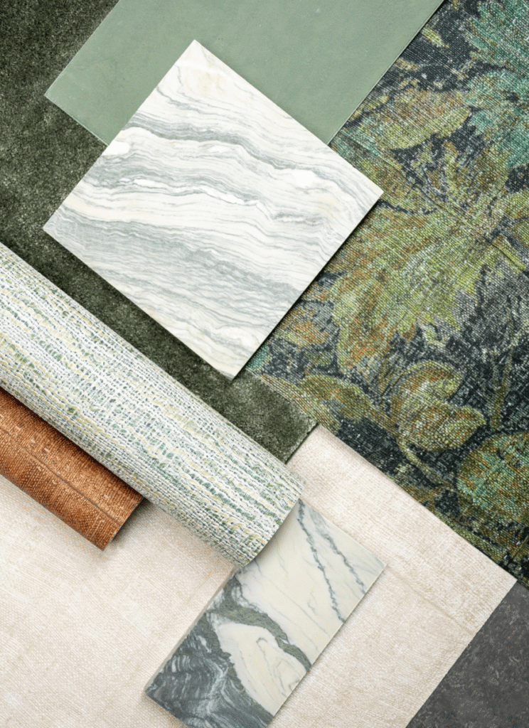Een flatlay van verschillende interieurmaterialen in groentinten, waaronder marmer, textiel en tapijtstalen.