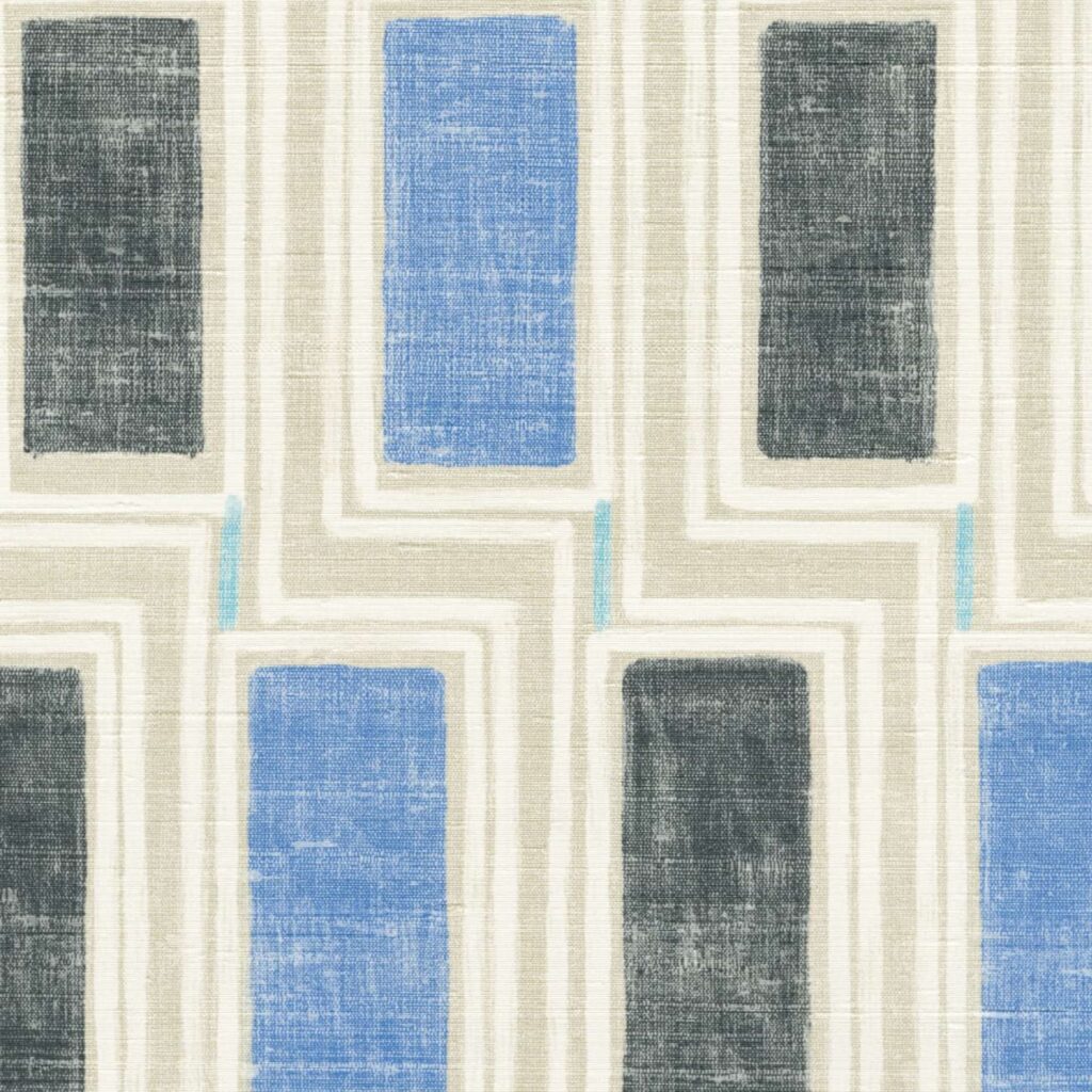 blauw kleurig Elitis Beat behang met blokpatroon op een zijde ondergrond