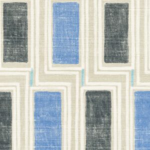 blauw kleurig Elitis Beat behang met blokpatroon op een zijde ondergrond