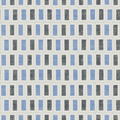 blauw kleurig Elitis Beat behang met blokpatroon op een zijde ondergrond