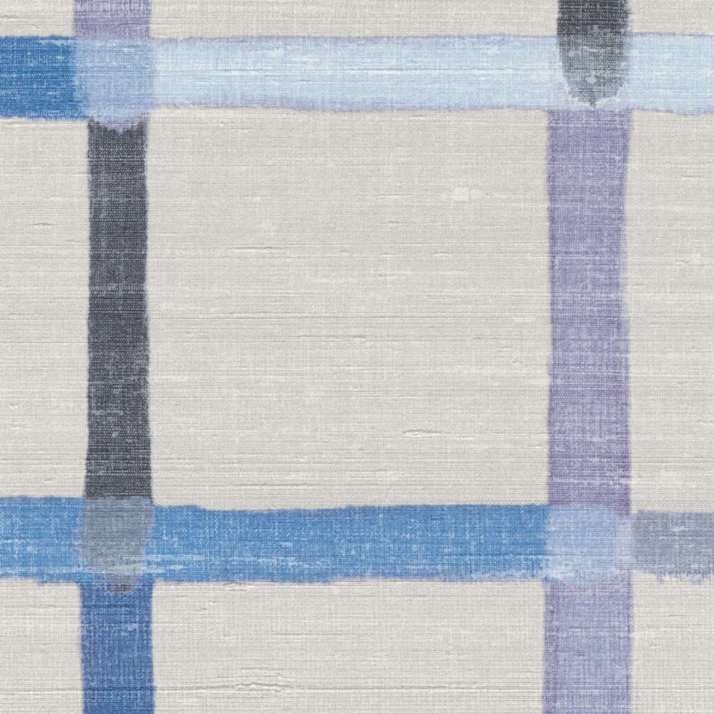 Blauw Elitis Frivole behang met blokpatroon op een zijde ondergrond.