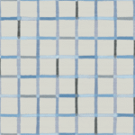 Blauw Elitis Frivole behang met blokpatroon op een zijde ondergrond.
