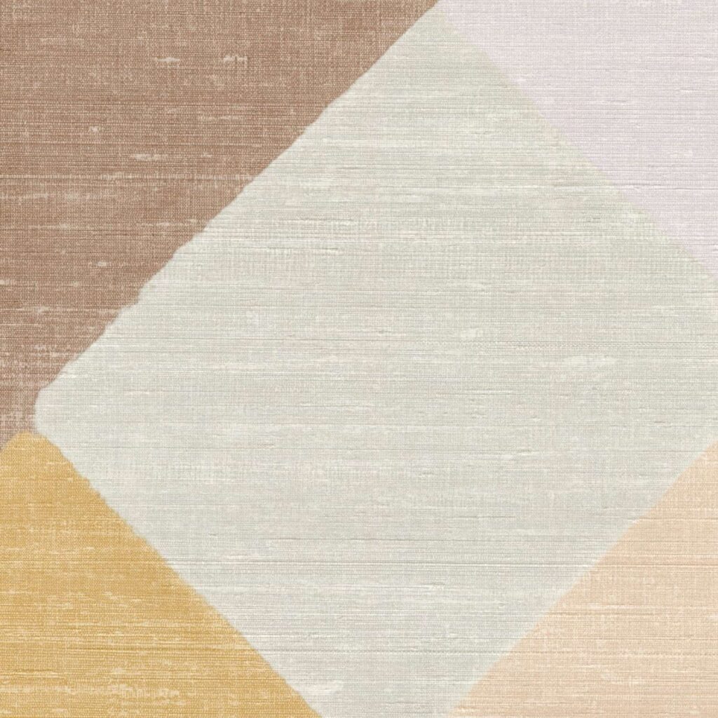 Detail van het Meerkleurig Elitis Twill behang met een zigzag blokpatroon op een zijde ondergrond.