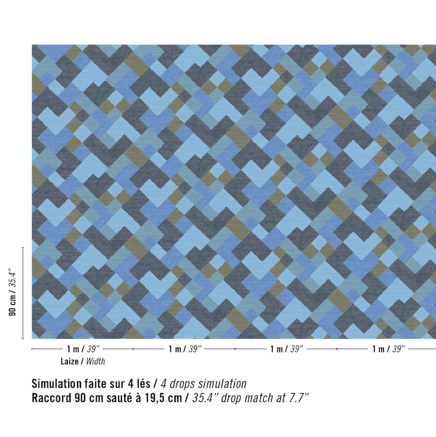 Patroon van het blauwe Elitis Twill behang met een zigzag blokpatroon op een zijde ondergrond.