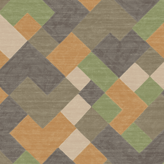 Meerkleurig Elitis Twill behang met een zigzag blokpatroon op een zijde ondergrond.