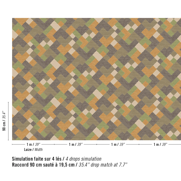 Patroon van het Meerkleurig Elitis Twill behang met een zigzag blokpatroon op een zijde ondergrond.