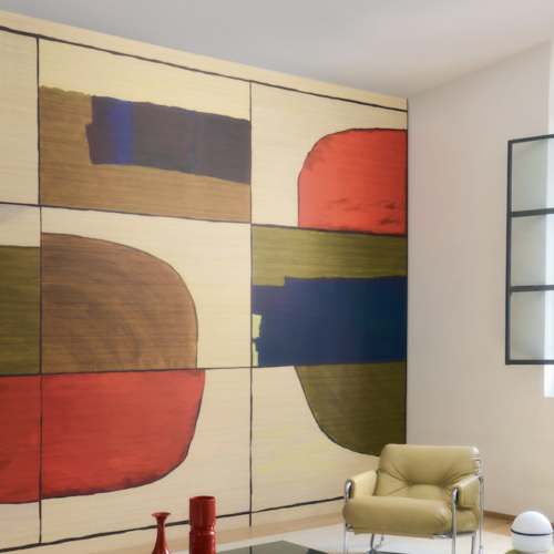 Woonkamer met een groot panorama met kleurrijke abstracte voorstelling van Elitis : Liberté chromatique