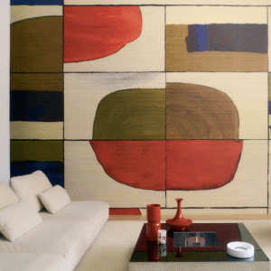 Woonkamer met een groot panorama met kleurrijke abstracte voorstelling van Elitis : Liberté chromatique