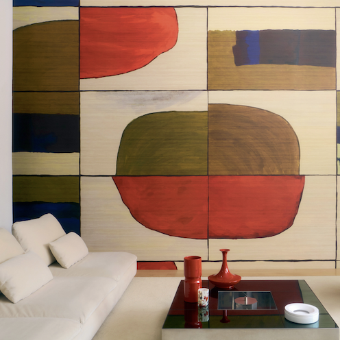 Woonkamer met een groot panorama met kleurrijke abstracte voorstelling van Elitis : Liberté chromatique