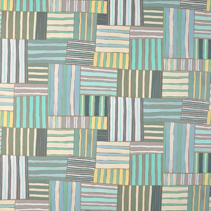 patchwork behang in groen, geel en blauw van Pierre Frey