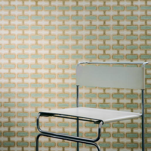 meerkleurig Elitis Rythme behang met een vintage meerkleurig blokpatroon op een creme kleurige zijde