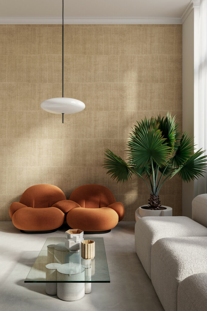 Arte Alaya Katan silk behang in kleur Camel (11513) - Interieur impressie