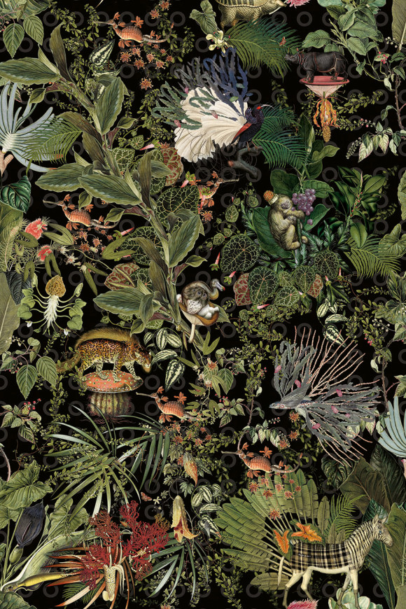 Moooi wallcovering extinct animals Menagerie of extinct animals behang in kleur Raven (MO2071) - Product close-up