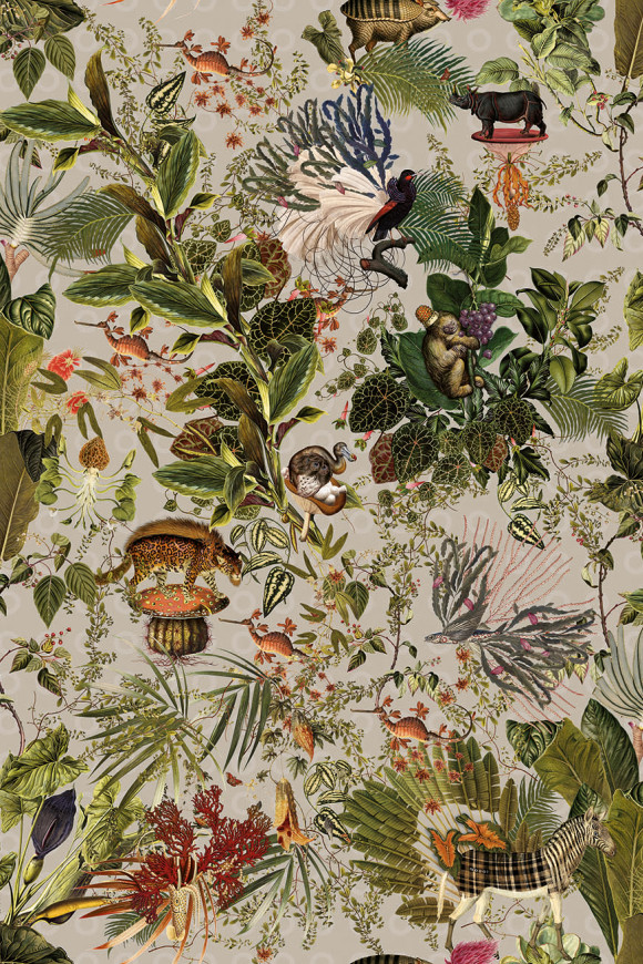 Moooi wallcovering extinct animals Menagerie of extinct animals behang in kleur Cloud (MO2073) - Product close-up