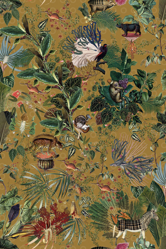 Moooi wallcovering extinct animals Menagerie of extinct animals behang in kleur Curry (MO2074) - Product close-up