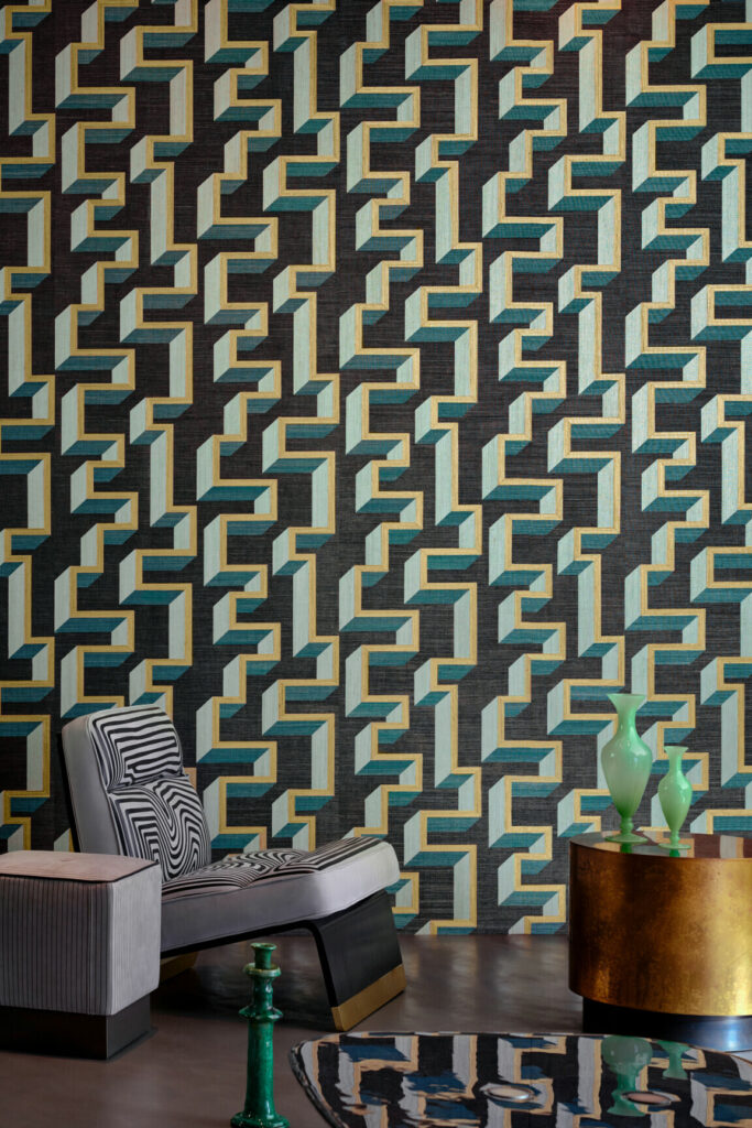 Arte Marqueterie Detour behang in kleur Gold Teal (72703) - Interieur impressie