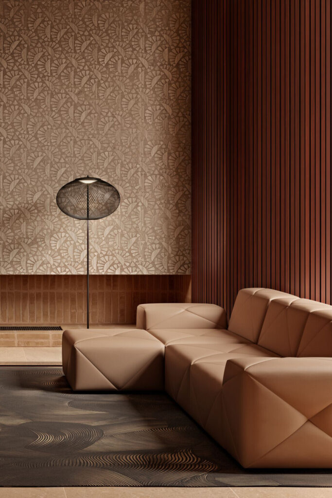 Moooi wallcovering green house Woodblock beetle flora behang in kleur Walnut (MO5061) - Interieur impressie