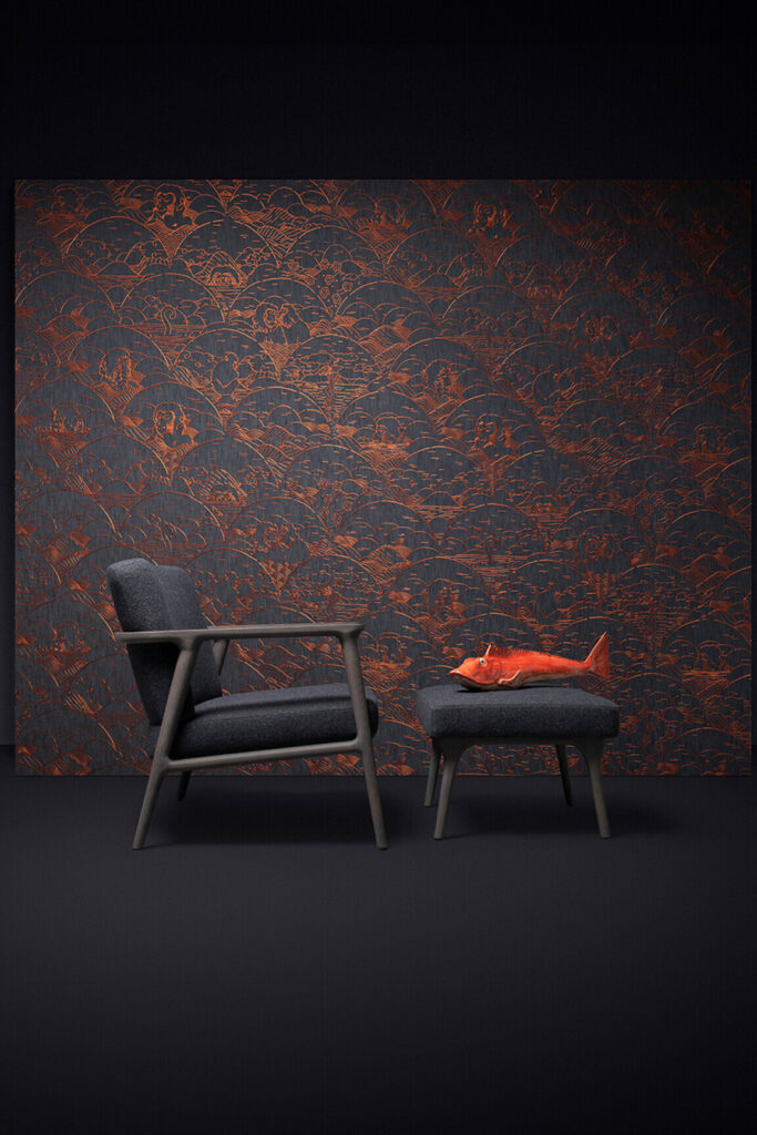 Moooi wallcovering tokyo blue Indigo macaque behang in kleur Copper (MO3000) - Interieur impressie