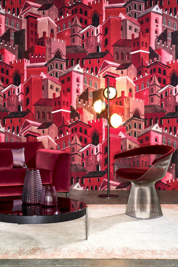 Arte Decors panoramiques Citta di castello behang in kleur Framboise (97682) - Interieur impressie