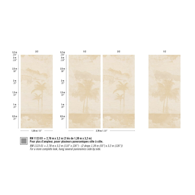 Patroon van het Panorama behang van palmbomen: Elitis Ecume Palmeraie met fijne structuur RM 1123-01