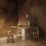 eetkamer wand beplakt met Lanzarote Palazzo panorama behang VP 1032-01 van Elitis, koper metaal wand